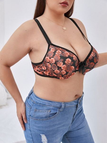 

plus floral print bow front underwire bra p7vf#, Black;white