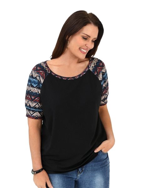 

emery rose plus geo print raglan sleeve tee 14xh#, Black