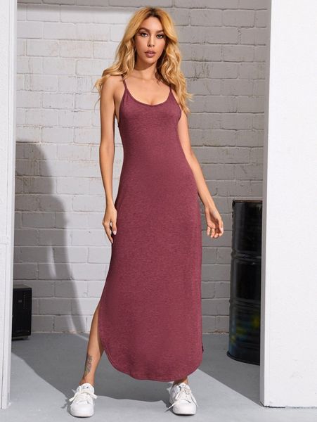 

curved hem heather knit slip dress v3mq#, Black;gray