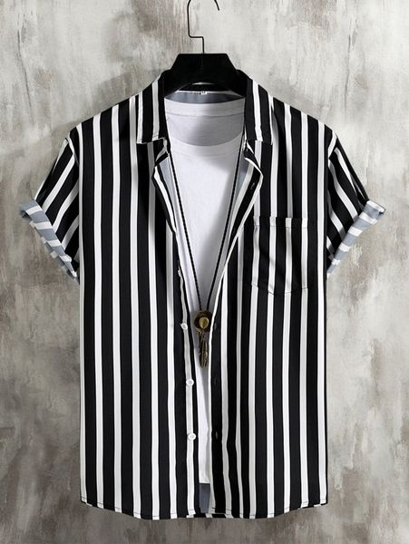 

romwe guys striped print shirt without tee s5rm#, White;black