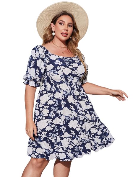 

plus allover floral print ruffle hem dress n4aa#, Black