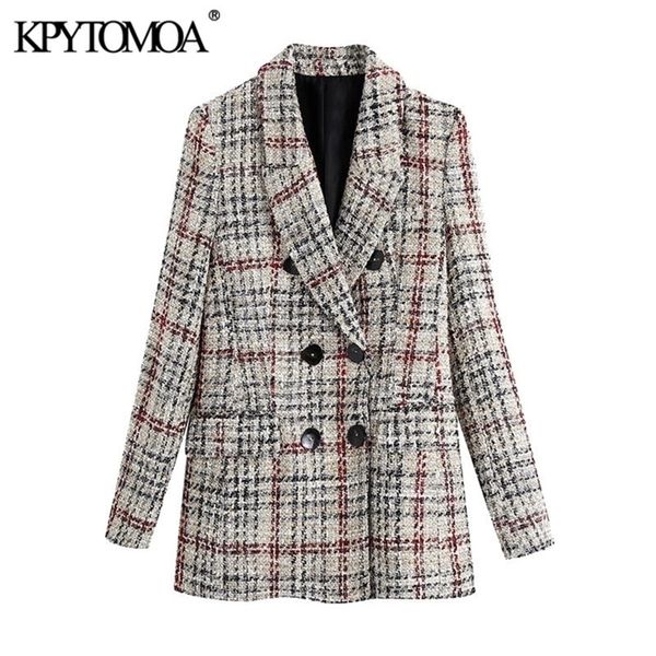 

kpytomoa women 2020 fashion double breasted tweed check blazers coat vintage long sleeve pockets female outerwear chic lj201021, White;black