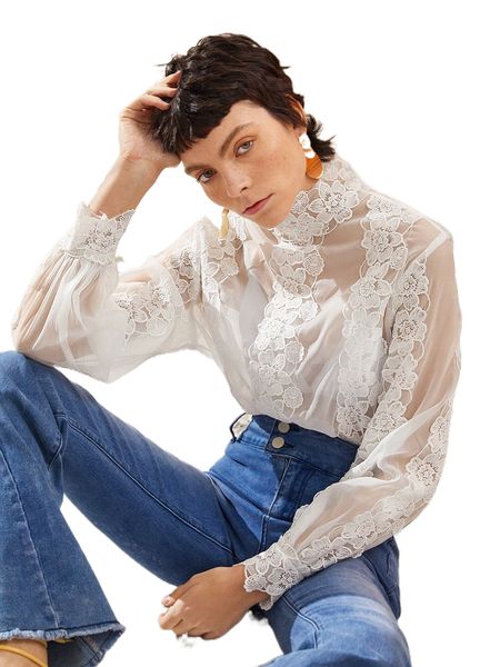 

floral embroidery lantern sleeve organza without bra 90jf#, White