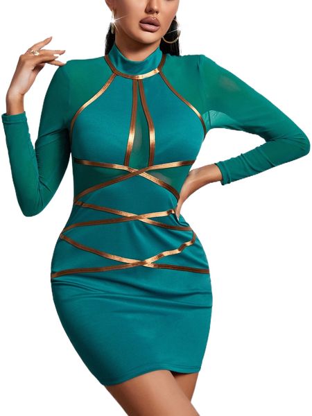 

sxy mock neck contrast tape bodycon dress 84x9#, Black;gray