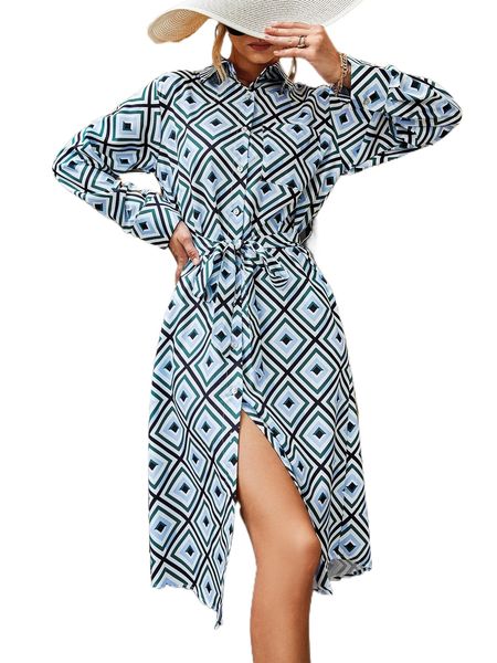 

geo print patched pocket belted shirt dress a0kq#, Black;gray