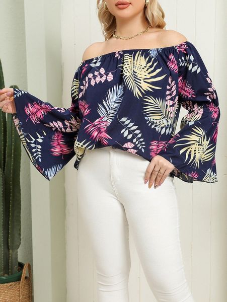 

plus tropical print off shoulder trumpet sleeve blouse 19bm#, Black