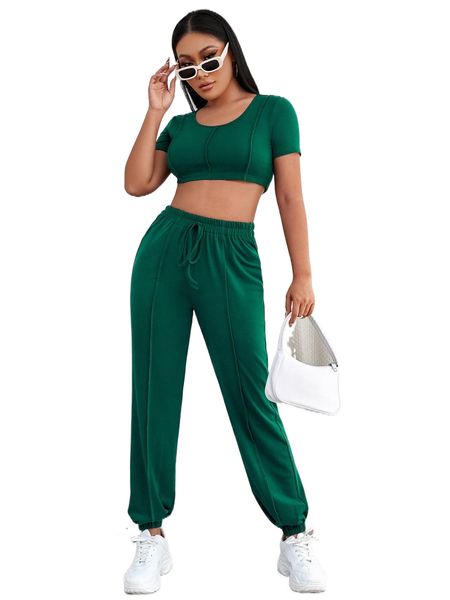 

titching crop tee & knot front sweatpants 5985#, White