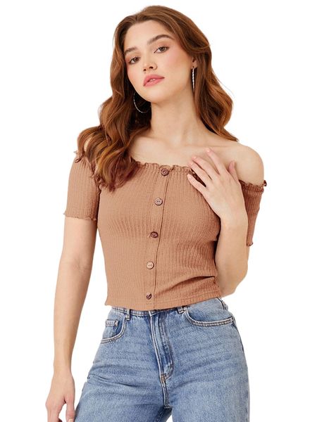

off shoulder lettuce trim buttoned front 04vi#, White