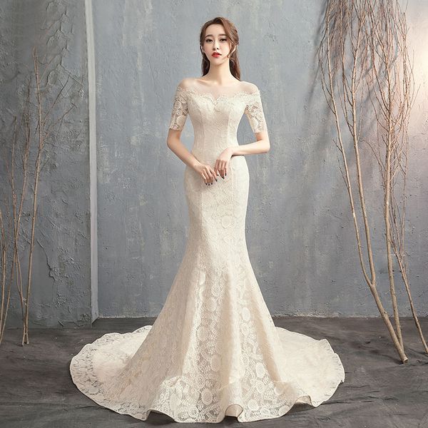 

mermaid bridal wedding dress one-shoulder temperament forest lace bride weddings dress fishtail long trailing simple wed dresses vestido de, White