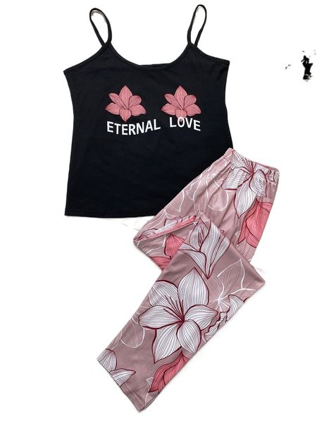 

letter & floral print pajama set h912#, Black;red