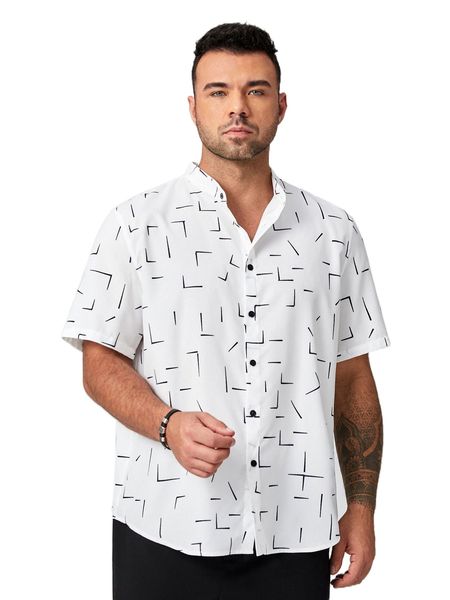 

extended sizes men allover print stand collar shirt p5dq#, White;black