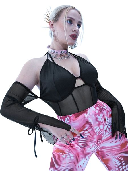 

plus halter neck slit tie cuff backless mesh w2xu#, Black