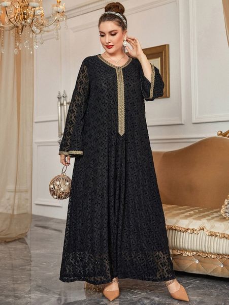 

plus contrast tape trumpet sleeve lace dress v1t3#, Black