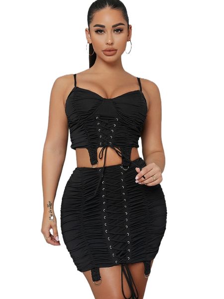 

eyelet lace-up crop & bodycon mini skirt set t7xh#, White