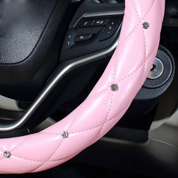 Lenkradbezüge Universal 38 cm/15 Zoll PU-Leder Bling Strass Rosa Autoabdeckung Innenzubehör Lenkungsabdeckung Car-StylingSteeri