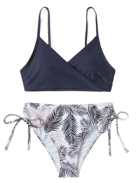 

leaf print drawstring side bikini swimsuit i47d#, White;black