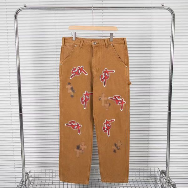 

men's jeans lettering leather jeans cargo pants trend trousers, Black;brown