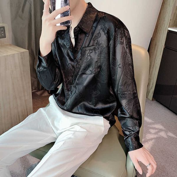 

casual men's shirts silk dragon print shirt gothic punk dress shirt japanese style retro designer long sleeve loose luxurious j0527, White;black