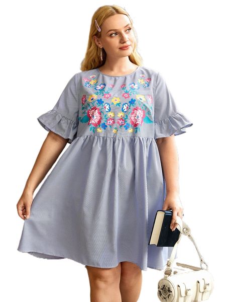 

plus floral print flounce sleeve smock dress 516w#, Black