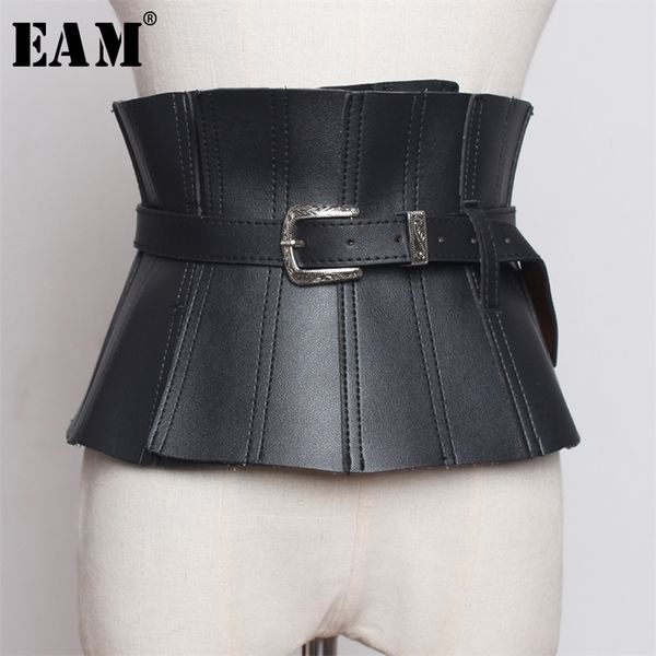 

[eam] spring summer pu leather black ruffles buckle split joint personality wide belt women fashion all-match jw179 220414, Black;brown