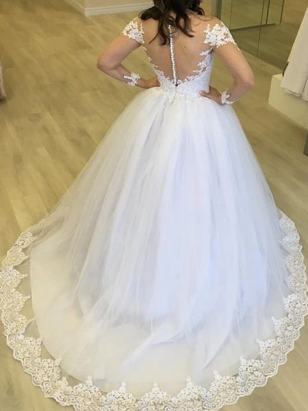 

long sleeves bead tulle princess bridal ball gowns plus size country vintage lace wedding dresses, White
