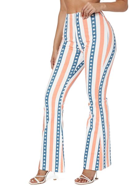 

sxy striped and star print flare leg pants i36g#, Blue