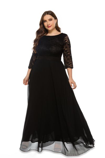 

dresses for women 2021 elegant dress plus size hollow lace chiffon stitching round neck three-quarter sleeves high waist dress, Black