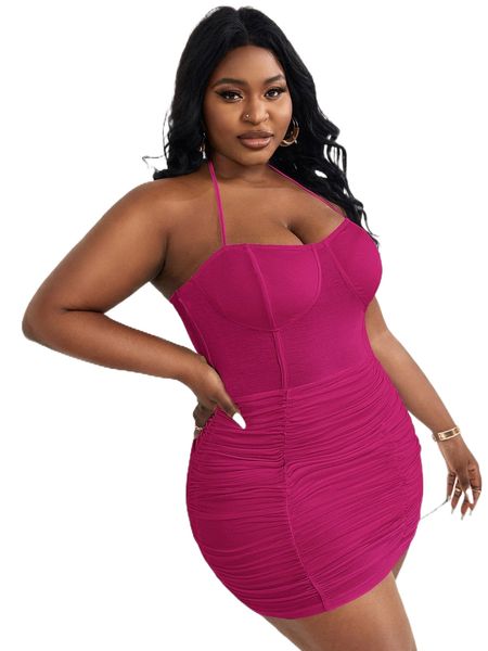 

sxy plus halter neck tie back ruched bodycon dress a6h4#, Black