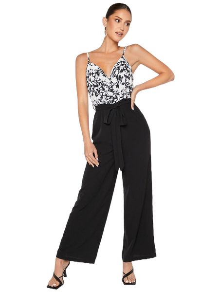

floral print belted wide leg cami jumpsuit p9mc#, Black;white