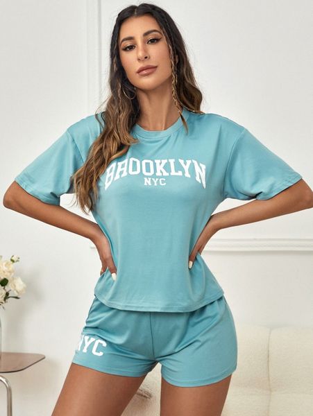 

letter graphic tee & shorts lounge set f9cz#, Black;red