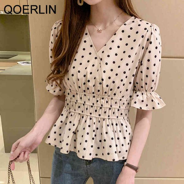

qoerlin vintage polka dot blouse women summer korean v neck short sleeve shirt female plus size flare sleeve shirts 210412, White