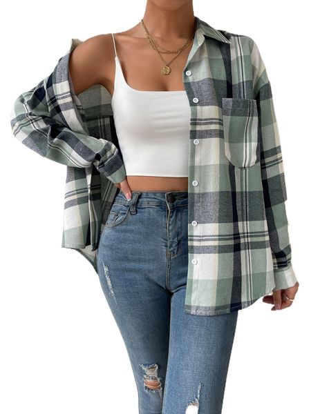 

plaid patched pocket drop shoulder shirt e3o5#, White