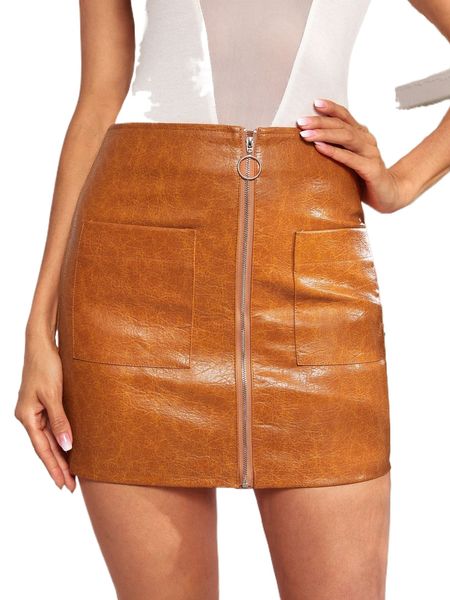 

high waist o-ring zipper dual pocket pu leather skirt 96p5#, Black