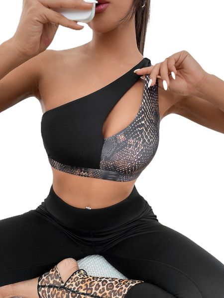 

medium support snakeskin print cut out one shoulder sports bra d0qi#, Gray
