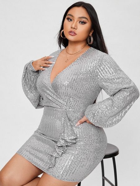 

plus surplice neck ruffle trim draped sequin dress 62wm#, Black