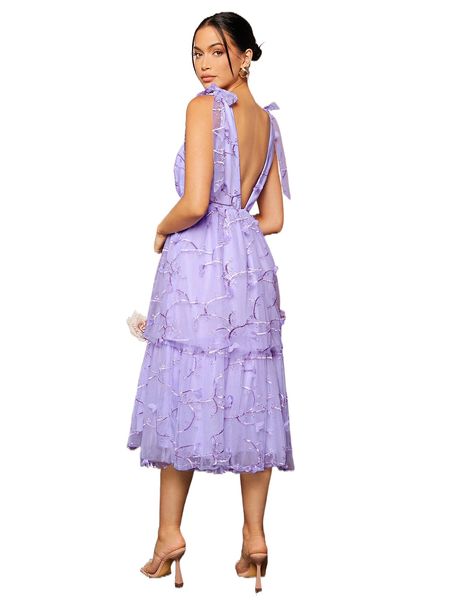 

appliques tie shoulder layered hem embroidery mesh bridesmaid dress 49ju#, White;black