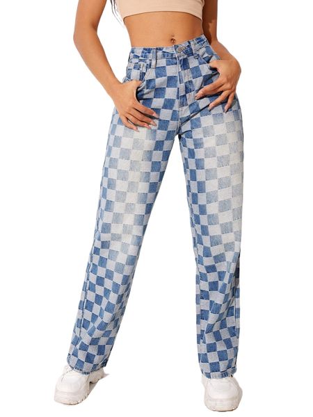 

checker print slant pocket jeans m2dv#, Blue