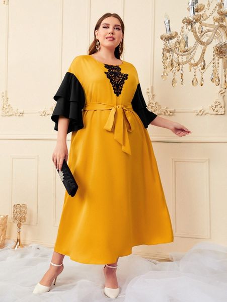 

plus colorblock embroidery belted drop shoulder tunic dress o14v#, Black