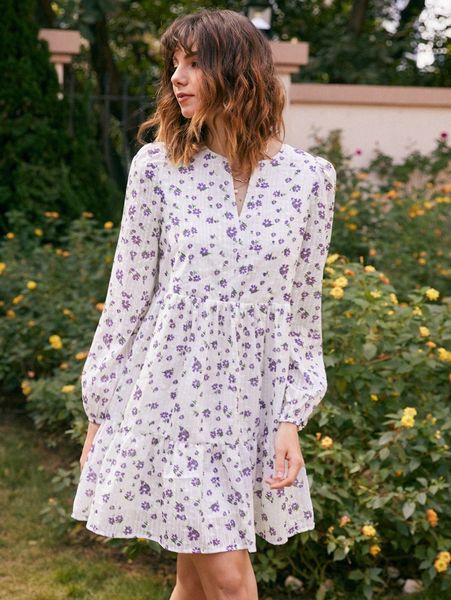 

notched neck ditsy floral print smock dress l6fe#, Black;gray