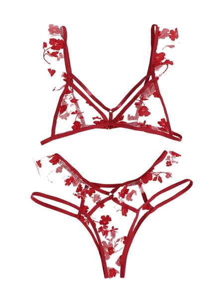 

floral print mesh ruffle lingerie set t8hp#, Black;red