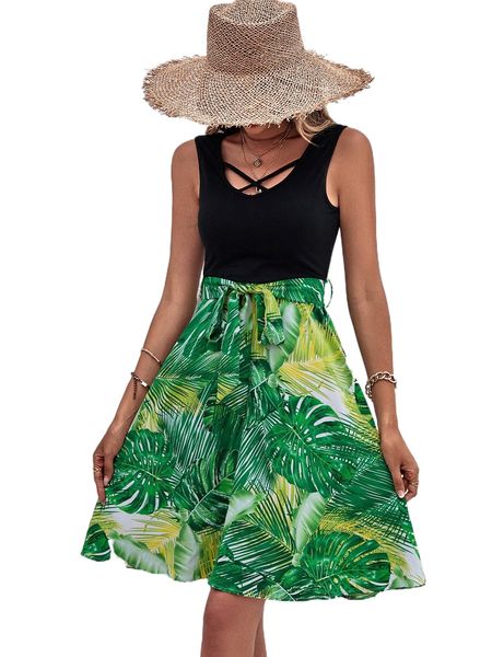 

tropical print crisscross front belted dress z3ge#, Black;gray
