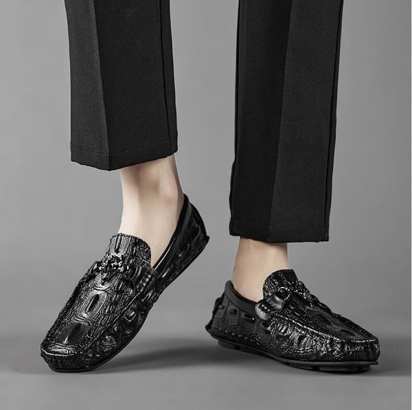 

luxury new crocodile pattern mens loafers paris genuine leather gommino slip on wedding business drive dress classics shoes size: eu39-46, Black