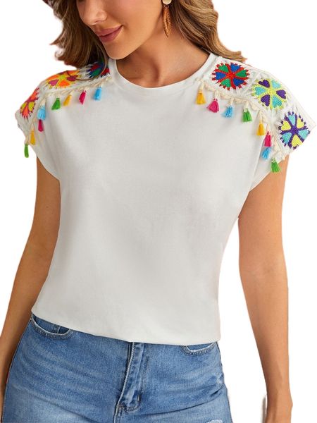 

floral embroidery tassel trim batwing sleeve tee 82gd#, White