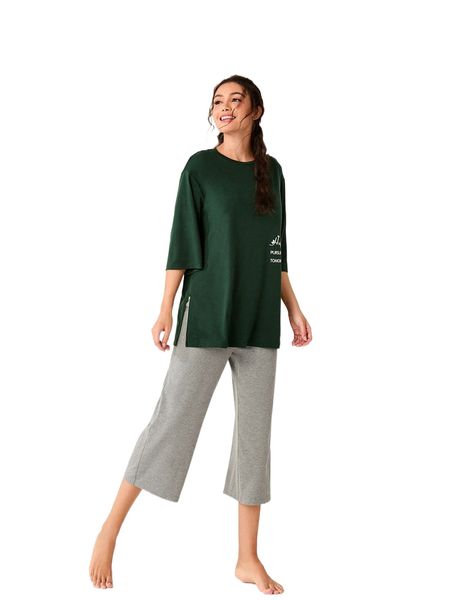 

slogan graphic drop shoulder split hem pj set 491d#, Black;red
