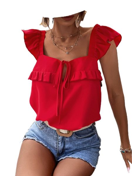 

butterfly sleeve ruffle trim tie front blouse a8y8#, White