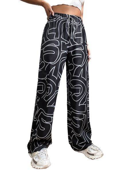 

allover letter graphic tie front pants o6o5#, Black;white