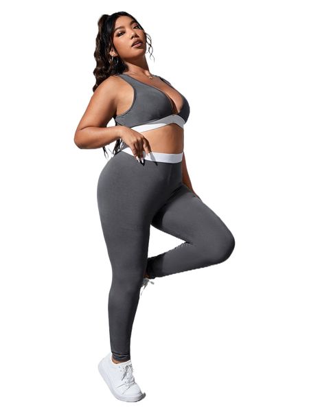 

sxy plus contrast trim crop tank & leggings j6nk#, Black