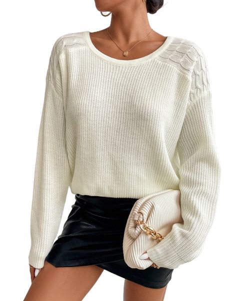 

ribbed knit drop shoulder sweater z0cs#, White;black