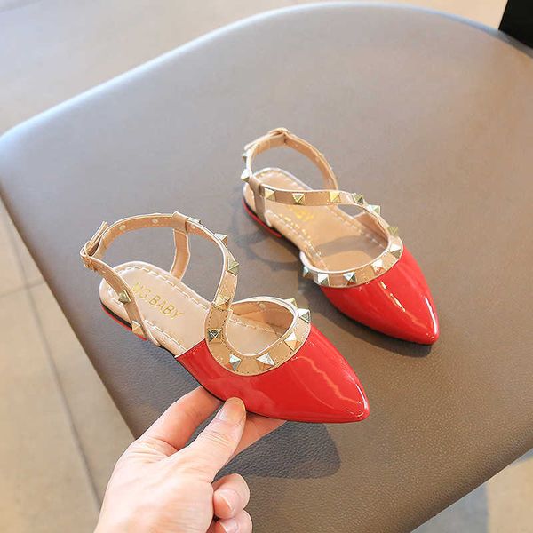 

new girls rivets sandals 2022 fashion gladiator summer kids children elegant pu buckle strap rubber beach flat princess shoes, Black;red