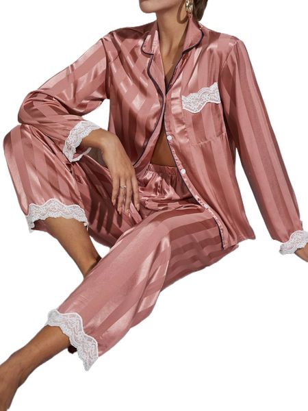 

lace detail satin blouse and pants pajama set g5rq#, Black;red